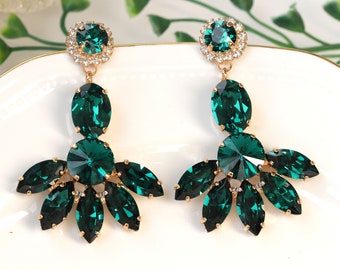LONG EMERALD EARRINGS, Emerald Bridal Earring, Dark Green Earrings,  Earrings, Wedding Chandelier Earrings, Statement Fan Earring