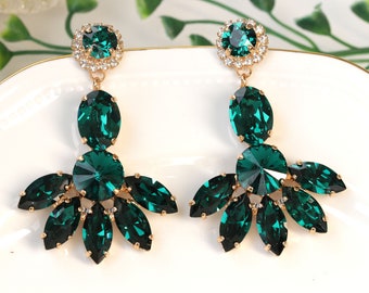 Long Emerald Crystal Chandelier Earrings, Bridal Jewelry