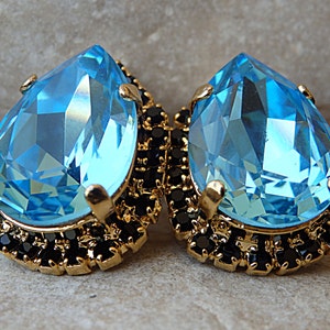 Aqua Blue Earrings.  Aquamarine  bride Earrings. Light Turquoise Halo Stud Earrings. Rhinestone Drop Stud. Bridesmaid Jewelry Gift