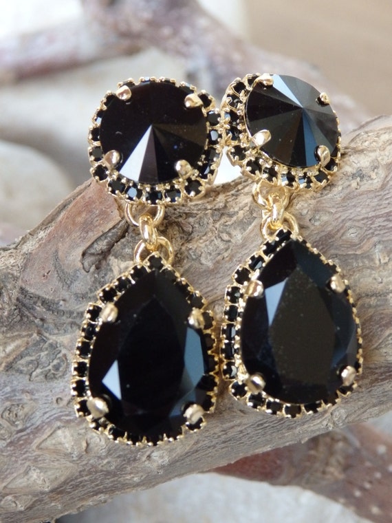 Black Crystal Chandelier Earrings Gold Plated India Black Crystal Chandelier Earrings Gold, Black Crystal Chandelier Jewelry