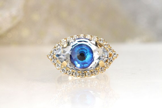 Blue Crystal Evil Eye Ring, Bohemian Protection Jewelry