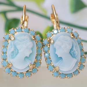 CAMEO EARRINGS, Blue Cameo Earrings, Victorian Earrings, Romantic Earrings, Gold Cameo Earrings, Turquoise , Dangle Woman Earrings