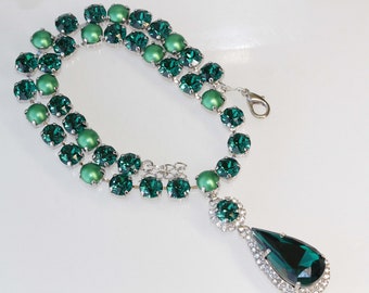 Emerald Crystal Drop Pendant Necklace: Bridal Statement Jewelry
