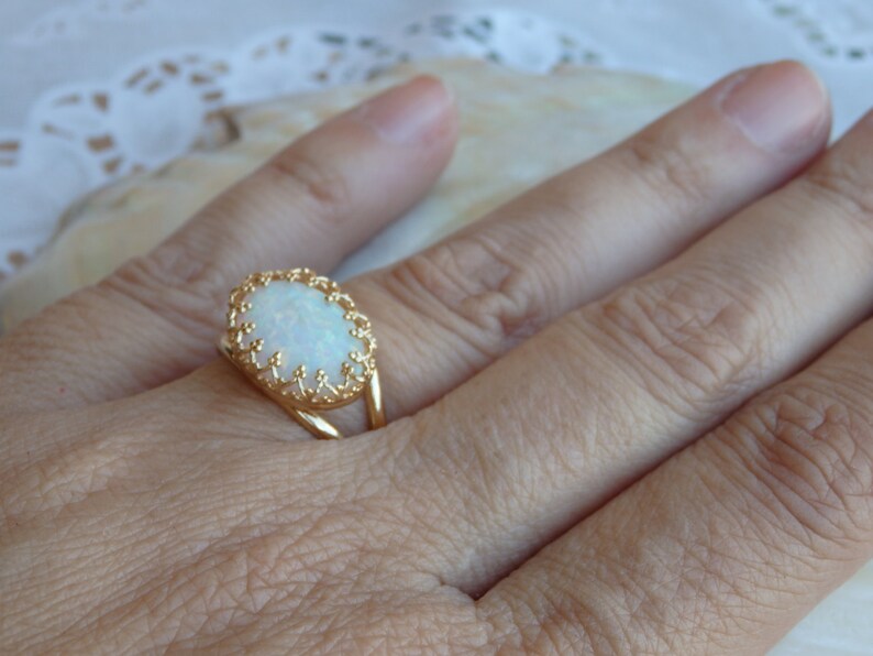 Gold White Opal Ring, Oval Opal Ring, October Birthstone, Gemstone ring, Opal GoldFilled Ring, Rounded Opal Ring, Opal Jewelry Gift Ideas image 2