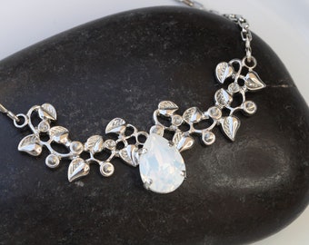 OPAL LEAF NECKLACE,  Necklace, White Bridal Necklace, Bridal Silver and White Milk Necklace, Wedding Jewelry For Brides, Unique