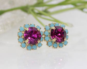 FUCHSIA TURQUOISE STUDS, Gift For Her, Boucles d’oreilles bleu clair, Boucles d’oreilles, Boucles d’oreilles roses, Boucles d’oreilles de demoiselle d’honneur, Boucles d’oreilles post, Sur l’oreille