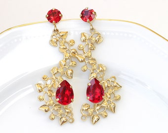 RUBY LEAF EARRINGS,  Earrings, Bright Red Bridal Earrings, Unique Chandelier Earring, Evening Jewelry For Woman, Birthday Gift Idea
