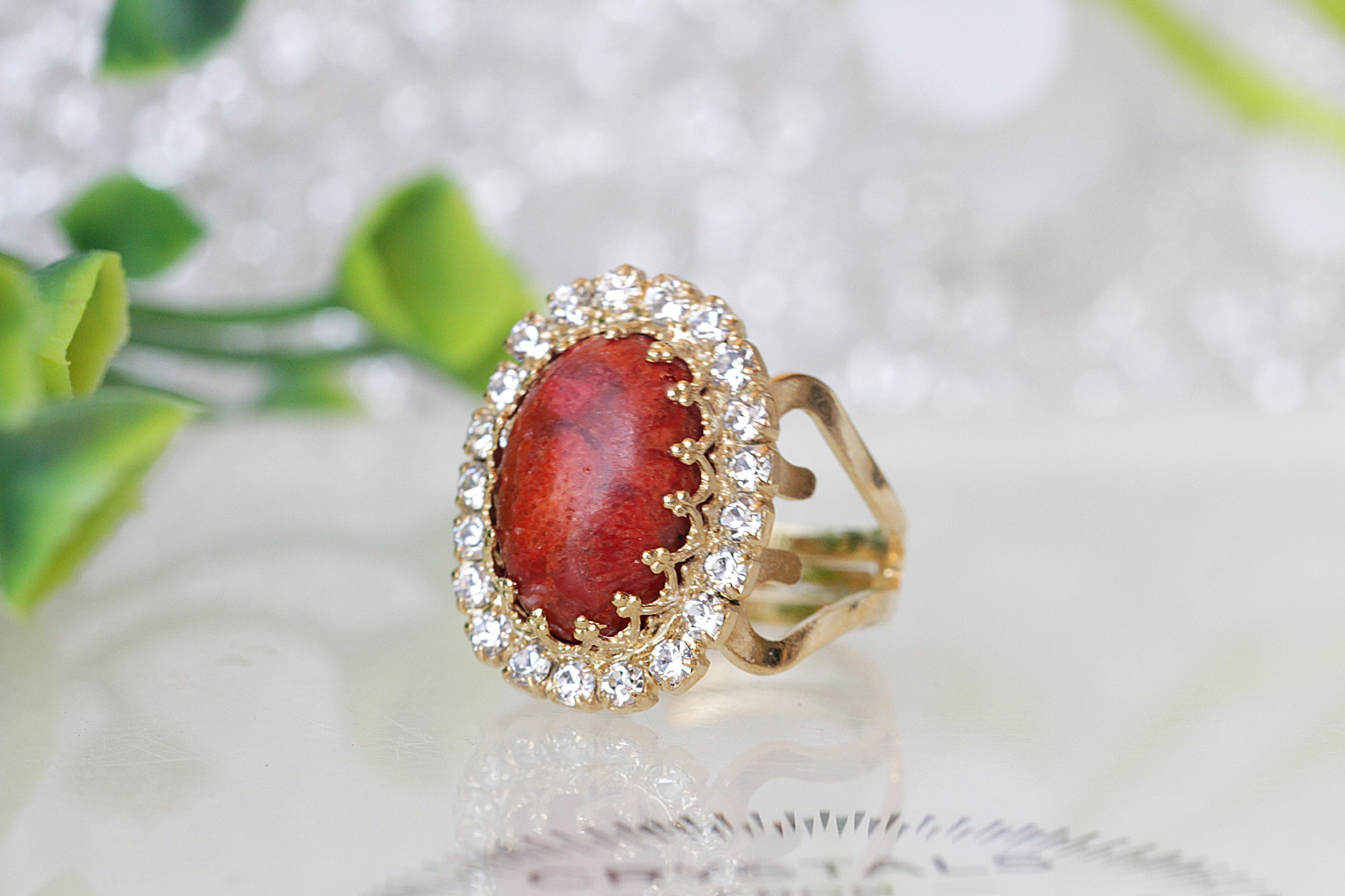 Estate 18K Yellow Gold Coral and Diamond Ring – Springer's