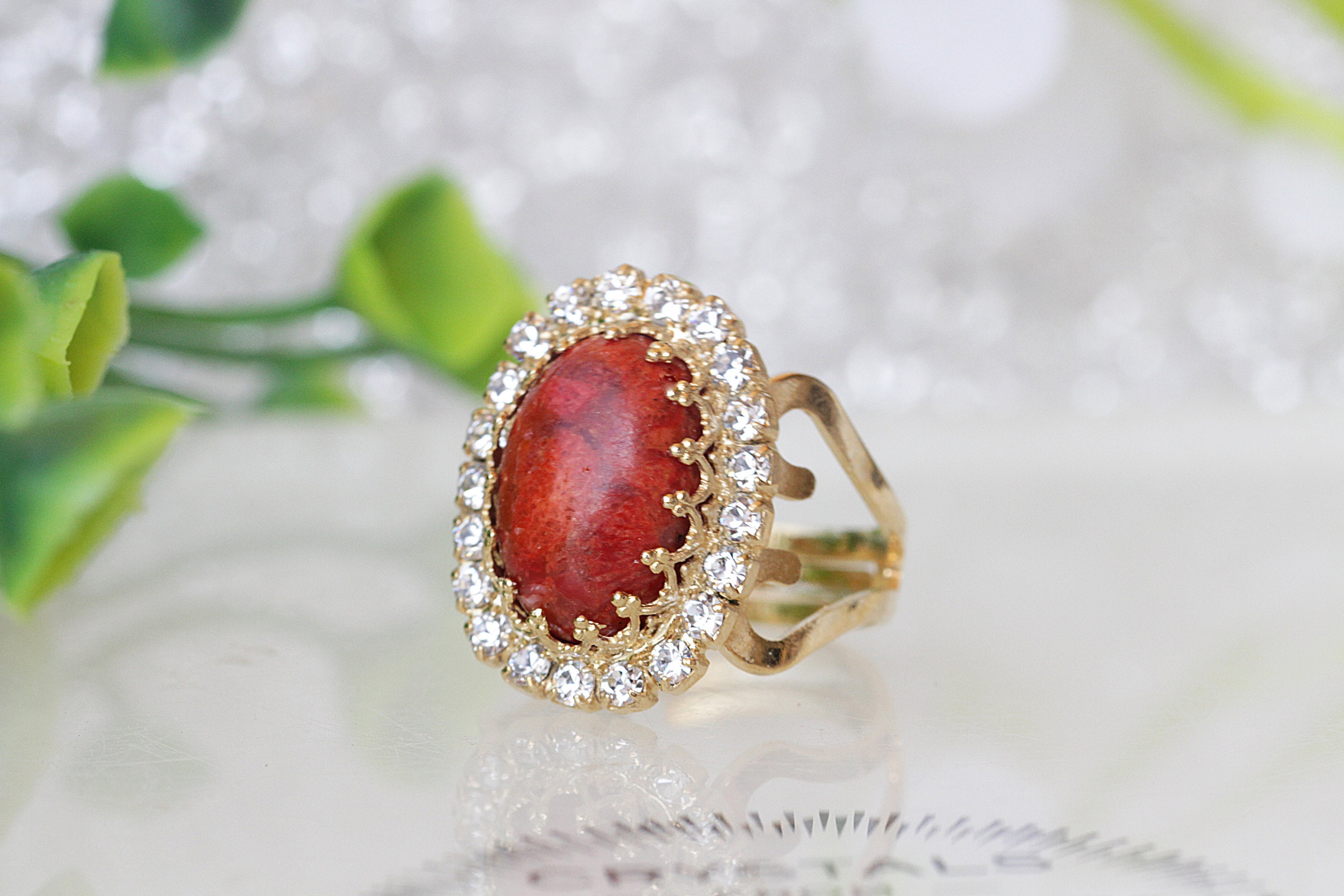 Coral Ring Natural Orange Coral Stone Ring gold red Jewelry Genuine Coral Ring Vintage Style Ring crystals and Gemstone oval stone