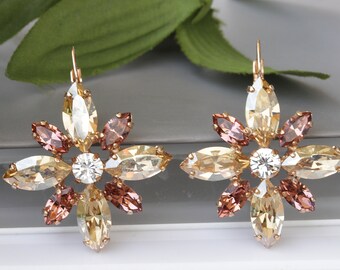 Blush Pink Crystal Flower Earrings, Rose Gold Champagne Bridal Jewelry