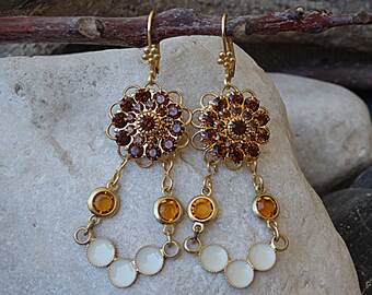 Flower Leverback Earrings, Gold Plated Earrings, Brown Orange Ivory Dangle Earrings, Blossom Earrings, Floral Earrings, Gold Flower Earrings