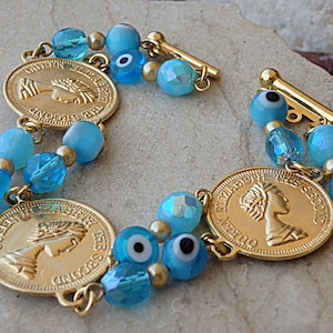 Evil eye bracelet. Coin Gold Plated jewelry. Beaded bracelet. Turquoise and gold bracelet. Turkish eye bracelet. Charms protection jewelry