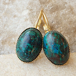 Gold Eilat Stone Earrings. King Solomon Stone Earrings. Oval Green Gemstone Earrings. Gold Plated Earrings. Womens Green Eilat Drop Earrings