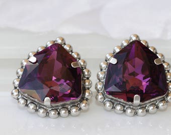 Purple Crystal Clip On Earrings, Gold or Silver Plated, Wedding Jewelry