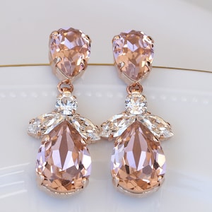 BLUSH BRIDAL EARRINGS, Light Pink Wedding Earrings, Morganite Crystal Long Earrings, Rose Gold Earrings, Bridesmaid Teardrop Earring Gift