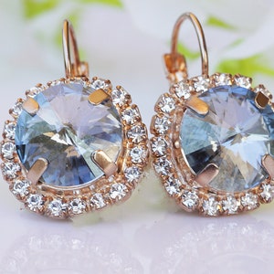 DUSTY BLUE EARRINGS ,Dusty blue wedding Jewelry, Light Blue earrings, Rose Gold Bridal earrings, Bright blue Drop earrings,Crystal