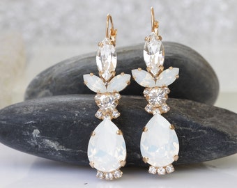 OPAL BRIDAL EARRINGS, White and Clear Wedding Earrings,  Earrings, Crystal Earrings, Silver Earrings,Bridesmaid Drop Long Earrings