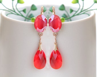 RED DROP EARRINGS, Dangle Earrings, Crystals Chandelier Earrings, Bridal Teardrop Earring, Red Coral Rose Gold Earrings,Wedding Long Earring