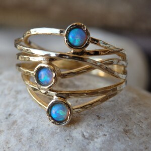 Gold Filled Mother's Ring, Opal 3 Birthstone Ring, Gold Family Ring, Multi Stone Wide Band, Family Birthstone Ring, Blue Opal Twisted Ring