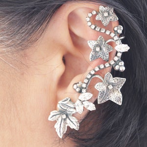 Antique Silver EAR CLIMBER EARRINGS, Ear Crawler Earrings, Leaf Ear Cuff,  Statement Climbing Earrings, Bridal Crystals Earrings