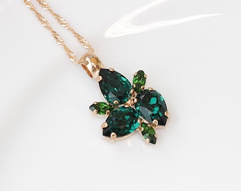 Emerald Crystal Leaf Necklace, Bridal Bridesmaid Gift