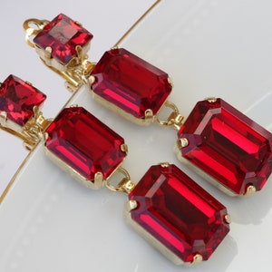 RED DROP EARRINGS, Simple Earrings,  Crystals Square Earrings, Bridal Red Earrings, Red Ruby Crystals Gold Earrings,Wedding Long Earring