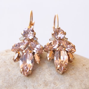 BLUSH BRUIDS OORBELLEN, Art Deco Bruiloft Oorbellen, LichtRoze Bruids oorbellen, Rose Gold morganiet kristal, Drop Cluster Elegante Oorbellen Gift
