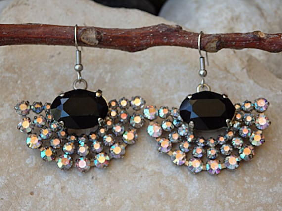Black Fan Earrings Black Gemstone Earrings Drop Earrings Black Evening Earrings Fan Rhinestone Earrings Silver Drop Earrings Etsy
