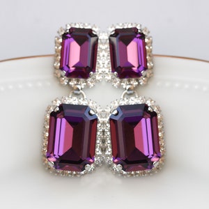 PURPLE EARRINGS, Chandelier Bridal Wedding Earrings, Formal Art Deco Earrings, Amethyst Crystal Earrings, Drop And Studs Square Earrings