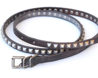 Brown Leather Belt: Metal Studs, Skinny Belt (1cm/40.5 inches)