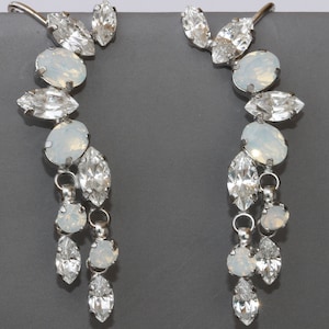 BRIDAL WHITE CLIMBERS, White Wedding Earrings, Gift For Bride,  White Opal, Unique Earrings, Ear Climber Earrings, Tassel Earrings