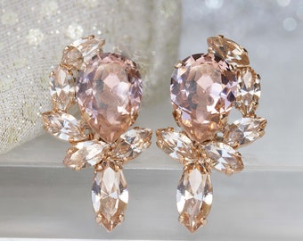 MORGANITE BRIDAL EARRINGS, Crystal Earrings, Peachy Earring, Bridal Blush Earrings, Bridal Rose Gold Earrings, Vintage Champagne Earring
