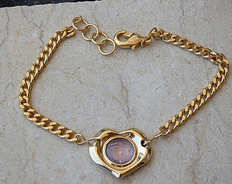 Gold Heart Bracelet: 24K Gold Plated Chain, Pink Glass Gemstone