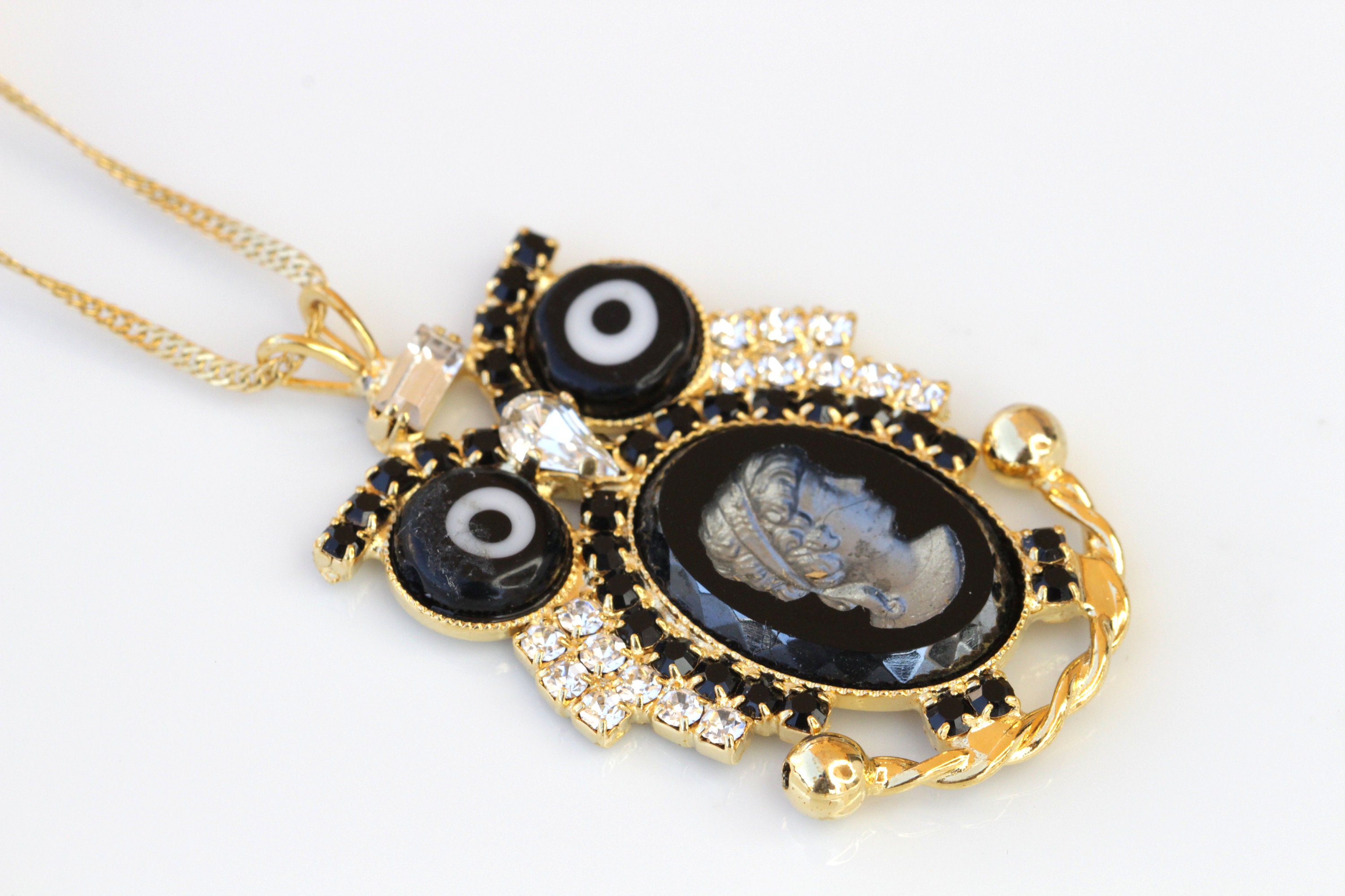 Owl Cameo Necklace: Handmade Evil Eye Pendant, Unique Jewelry Gift
