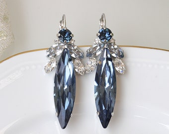 Blue STATEMENT BRIDAL EARRINGS, Navy Wedding Long Earrings,  Navy Blue Earrings, Dusty Blue Jewelry, Long Drop Earrings,Mother Gift