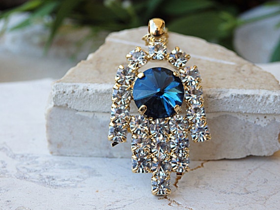 Protection Necklace Hamsa Necklace rhinestone Hamsa Crystal Necklace Blue Gold Big Hamsa Pendant Statement Hamsa Navy Blue for Her Etsy Australia