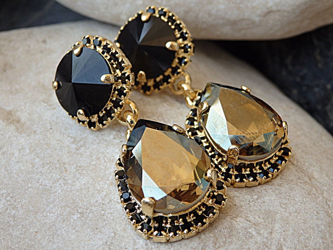 [BLACKMUSE] チェジウ着用☆Antique stone drop Earrings Schreiner_black_rhinestone_dan