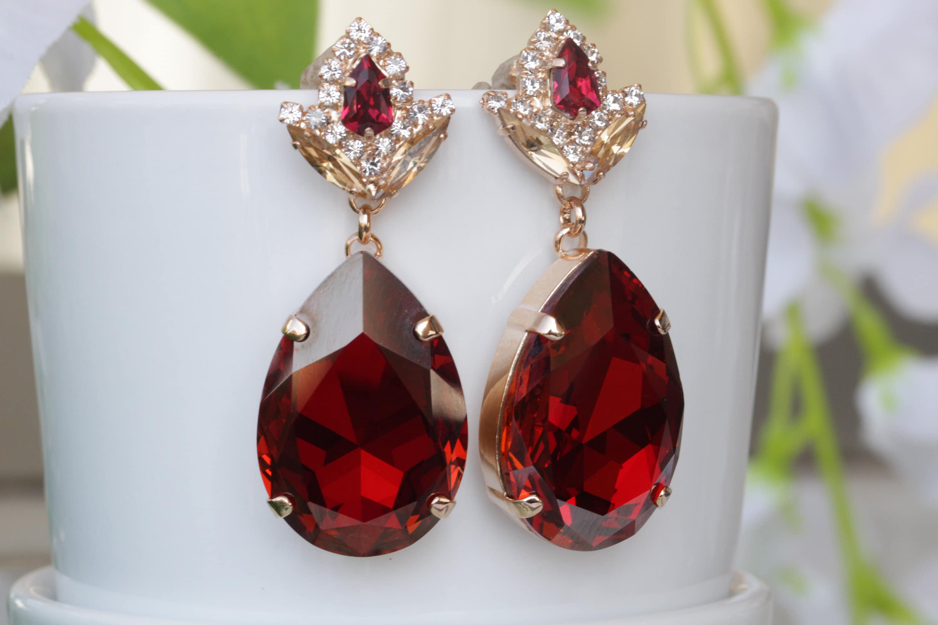 red dress gold earrings Dark Red Earrings Red Crystal Earrings Bridesmaid Jewelry Gold Earrings Siam Earrings Cubic Zirconia Earrings Teardrop Stone SI31P