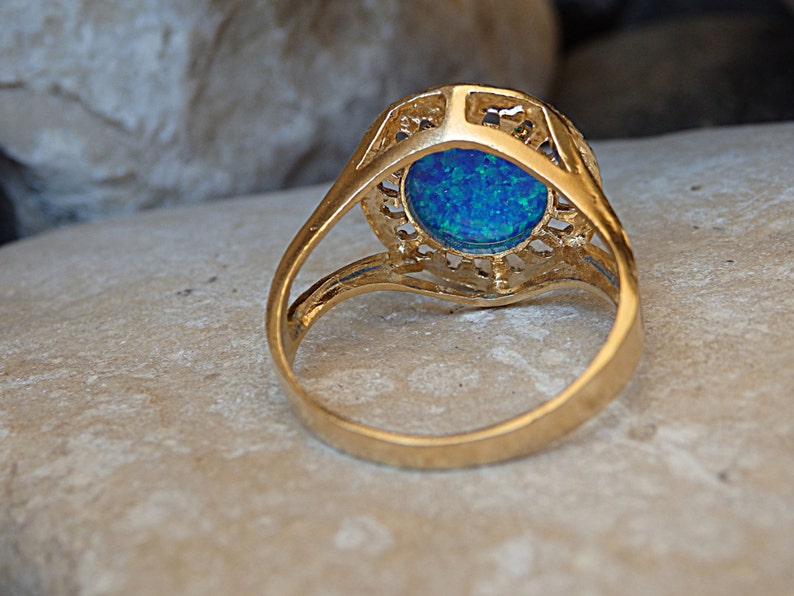 Solitaire opal ring. Turquoise opal ring, Blue opal ring, Fire opal ring, Round gemstone ring, October birthstone ring, Gold filled ring image 3