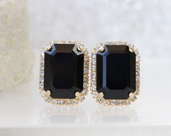 Gold Jet Black Crystal Earrings, Art Deco Geometric Clip On