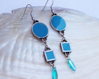 Turquoise Enamel Teardrop Earrings, Silver Modern Dangle Jewelry