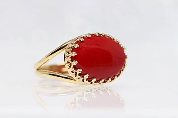 Oval Red Coral Sterling Silver Ring (Design AC19) | GemPundit
