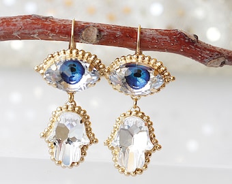 Hamsa Evil Eye Earrings: Blue Crystal Dangly Earrings