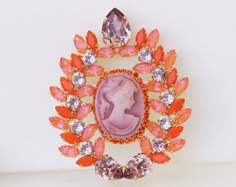 CAMEO BROOCH, Orange Pink Cameo Brooch, Vintage Pink Cameo Brooch, Lady Cameo Brooches, Victorian Style, Antique Pink Cameo Statement Brooch