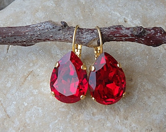 Red Ruby Drop Earrings, Gold Red  Earrings, Red Teardrop Earrings, Wife Crystal Teardrop Earrings, Red Bridesmaid Earrings, Red Jewelry gift