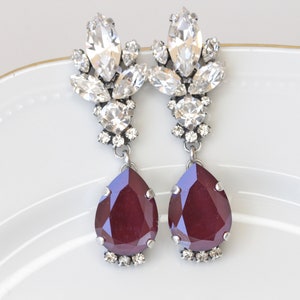 BURGUNDY EARRINGS, Silver Crystal Earrings, Maroon Earrings, Dark Garnet Earrings, Bridal Wedding Jewelry, Fall Jewelry, Mother of the Bride