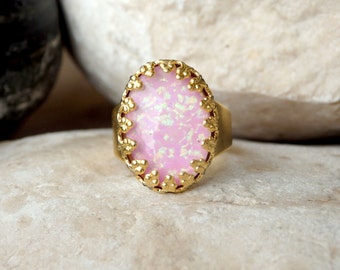 Pink Opal Gold Ring, Oval Gemstone ring, Big Opal Ring, October Birthstone, Opal Pink Adjustable Ring, Pink Opal jewelry, Fire Opal Ring