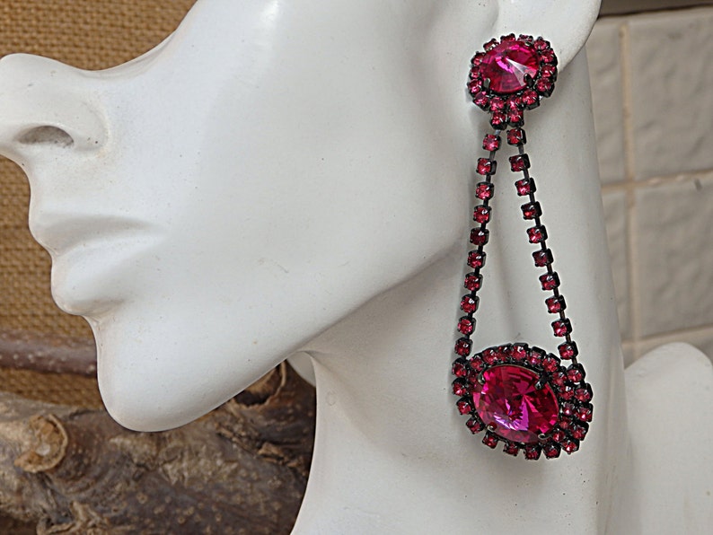 Long Pink Fuchsia Earrings Fuchsia Chandelier Earrings Oxidized Silver Earrings Stud Chandelier Earrings Women Fuchsia Crystal Earrings