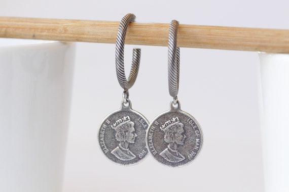 Silver coin deals hoop earrings