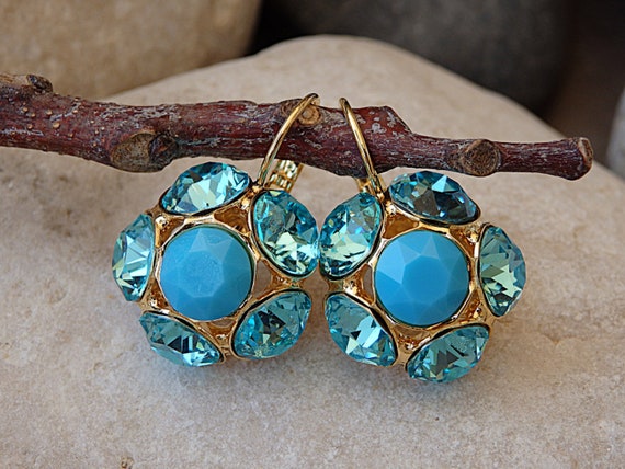 Turquoise Crystal Halo Earrings: Something Blue For The Brides, Flower Drop Earrings